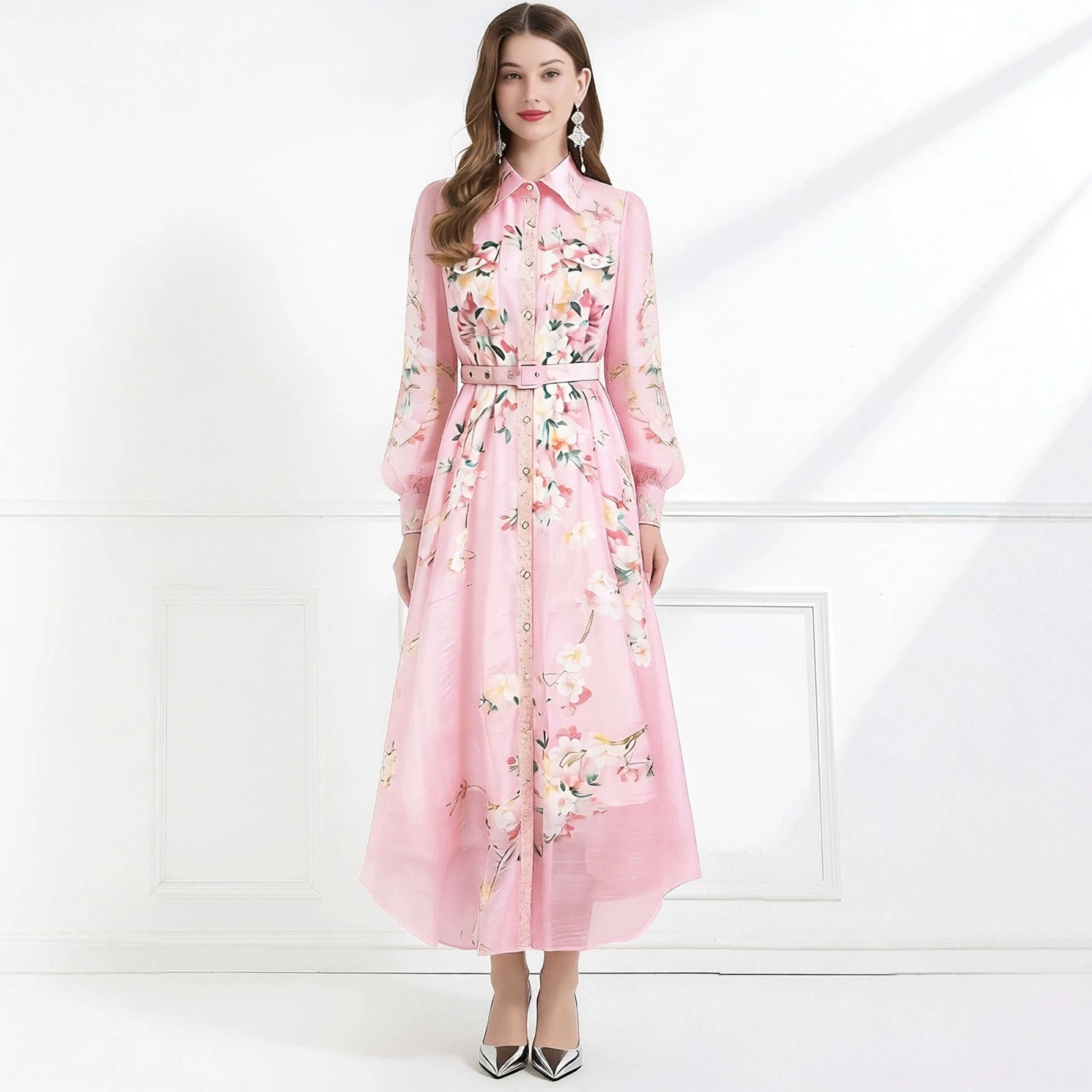 French Floral Print Long Sleeve A Line Dress Slim Fit Hollow Out Tie Waist Elegant Style Perfect for Office Wear