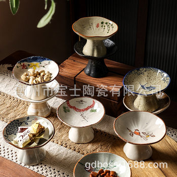 Underglaze Hand-Painted Ceramic Tea Brewing Set with High-Footed Dishes for Snacks, Pastries, and Fruit Plates for Home and Restaurant Use, Vintage Tableware