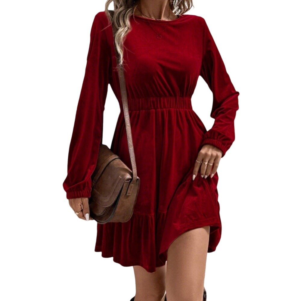 Velvet Long Sleeve Mini Dress Elastic Waist Mid Length Elegant Design Spring Summer Fashion Wholesale Available