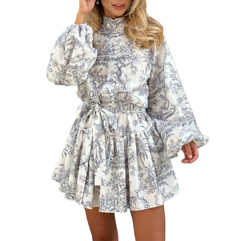 Spring Womens Dress Fashionable Floral Print Stand Collar Lantern Sleeves Casual or Party Wear Wholesale Available