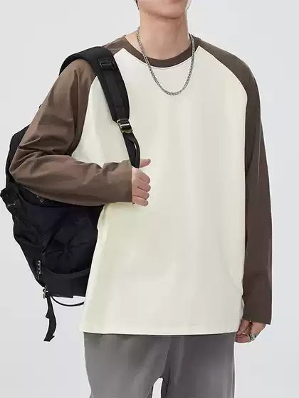 Heavyweight Drop-Shoulder Cotton Long-Sleeve T-Shirt for Men, American Retro Color-Block Casual Tee, Loose Round Neck, Unisex