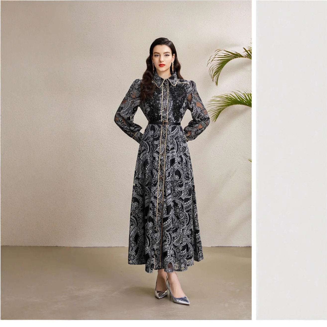 French Style Lantern Sleeve Dress for Women Autumn Sheer Mesh Hollow Out Ruffle Hem Waist Defined Long Gown
