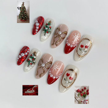Cross-Border Hot-Selling 30 Pieces of European and American Christmas Gel Flash Pearl Embellished Almond-Shaped Wearable Nail Products Wholesale