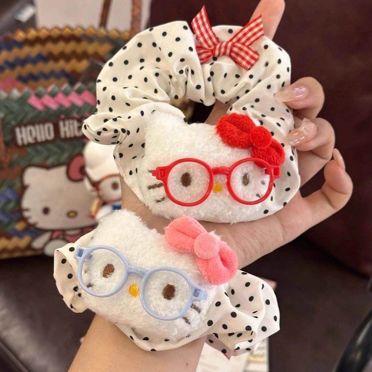 Girl Kt Bow Cherry Hair Tie Scrunchie Versatile Fabric Plaid Hair Rope Bun Hair Tie Elastic Hair Rope