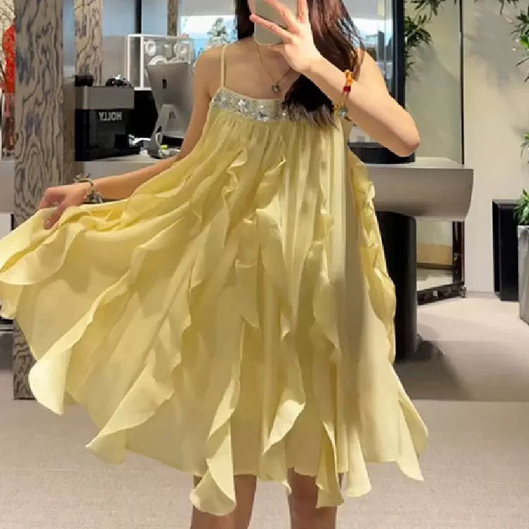 Đầm maxi nữ thắt eo phong cách Pháp cổ điển, tay loe, cổ tròn, chất liệu polyester mềm mại — Hồng, Vàng