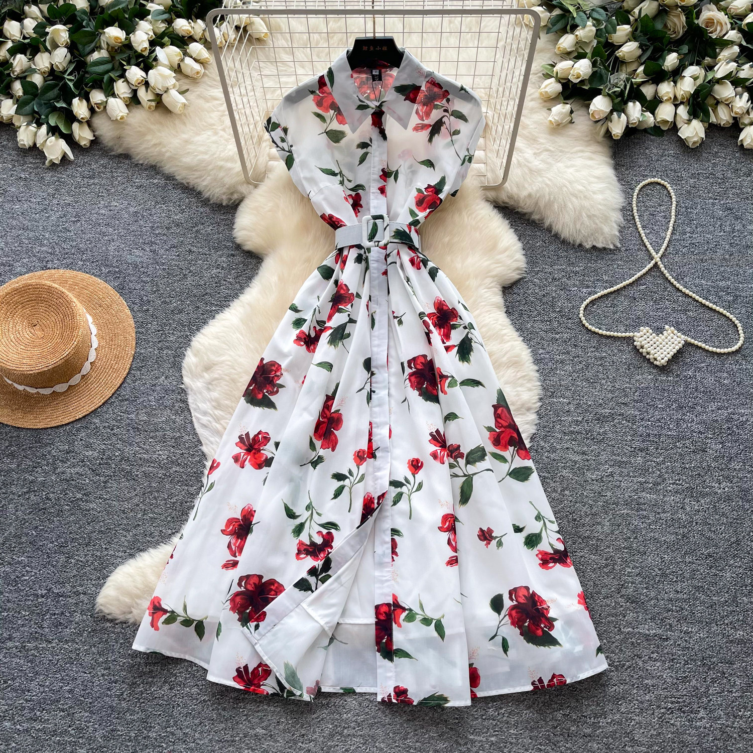 Elegant Floral Print Sleeveless Dress Slim Fit Waist Belt Lightweight Fabric Summer Casual Wear for Women Wholesale