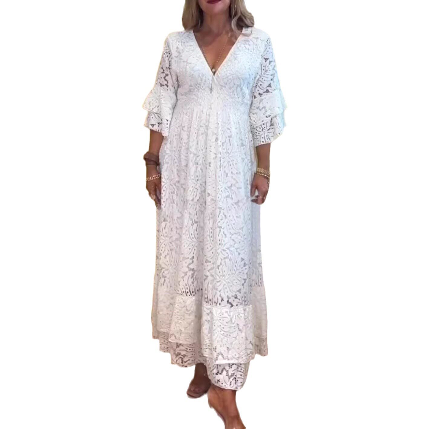 Lace Hollow Out Deep V Neck Dress Summer Style Solid Color Elegant Design Perfect for Parties or Casual Outings
