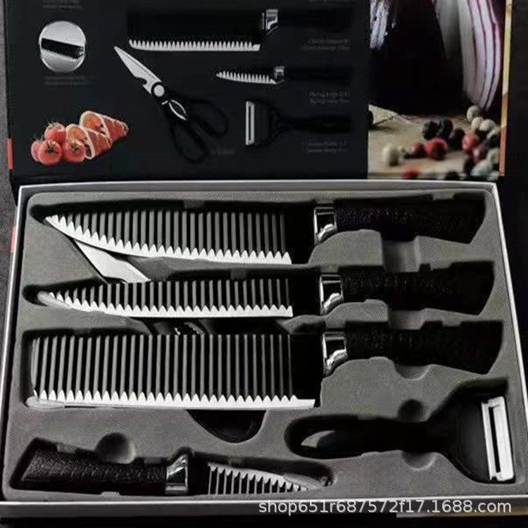 Cross-Border Stainless Steel Non-Stick Corrugated Knife Black Wave Pattern Knife 238A Six-Piece Knife Set Kitchen Supplies