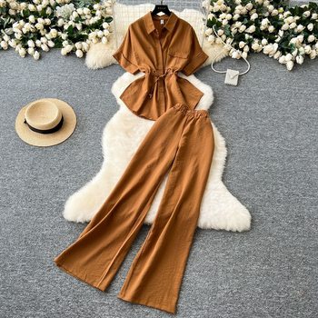 Sets Summer Women's New Two-piece Design Sense Lace-up Waist All-match Short-sleeved Shirt Slimming Wide-leg Straight Pants