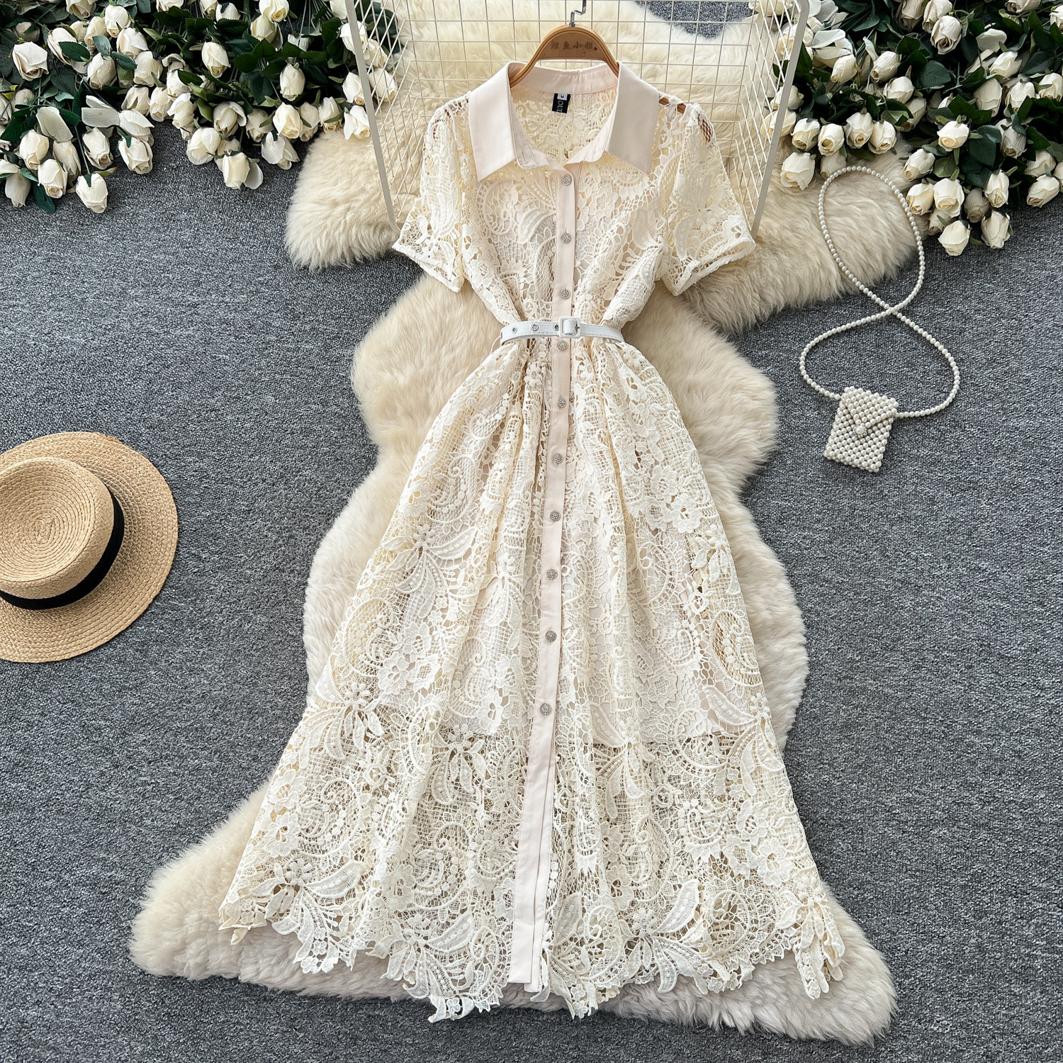 Pink Lace A Line Dress for Women Short Sleeve Collared Waist Defining Elegant Style Perfect for Parties and Special