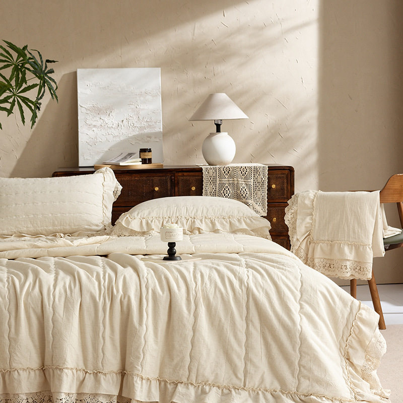 Foreign Trade French Lace Cotton and Linen Bed Cover Three-Piece Set Multi-Functional Cotton and Linen Summer Quilt Four-Piece Quilted Quilt Cover