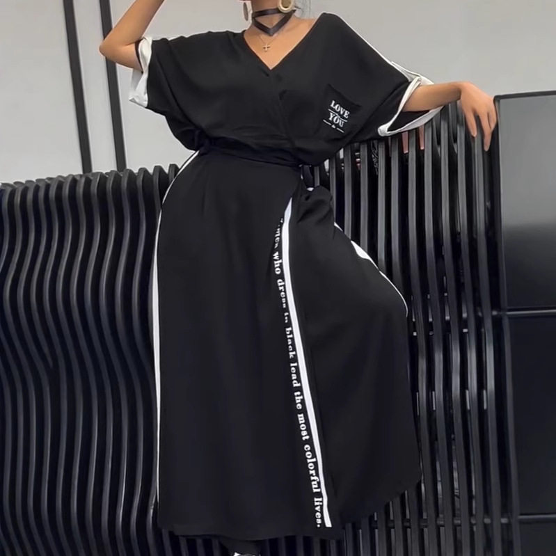 Fashion V Neck Color Block Irregular Short Sleeve Top and Loose Long Pants Set Trendy Casual Wear for Spring Summer