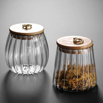 Household High Borosilicate Vertical Pattern Transparent Heat-Resistant Sealed Glass Tea Cans Style Snack Storage Box Scented Tea Sugar Jar