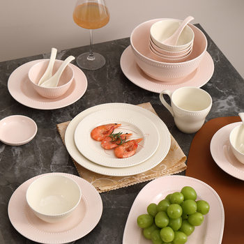 French Style Bead Dish Dishes suit Household High Color Value Tableware Ceramic Rice Bowl Soup Bowl Full Set Dinner Plate Wholesale Plate Dishes