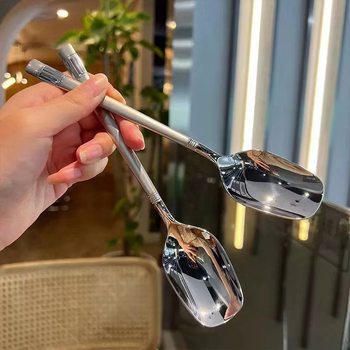 Stainless Steel Thickened Square Head Spoon Household Dining Spoon Soup Spoon Internet-popular High-value Korean Style Dry Rice Lantern Spoon