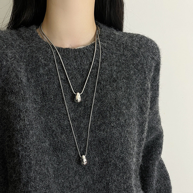 Simple silver Water Drop Titanium Steel Necklace Women's Color-free Light Luxury Niche High-end Long Sweater Sweater Chain Accessories