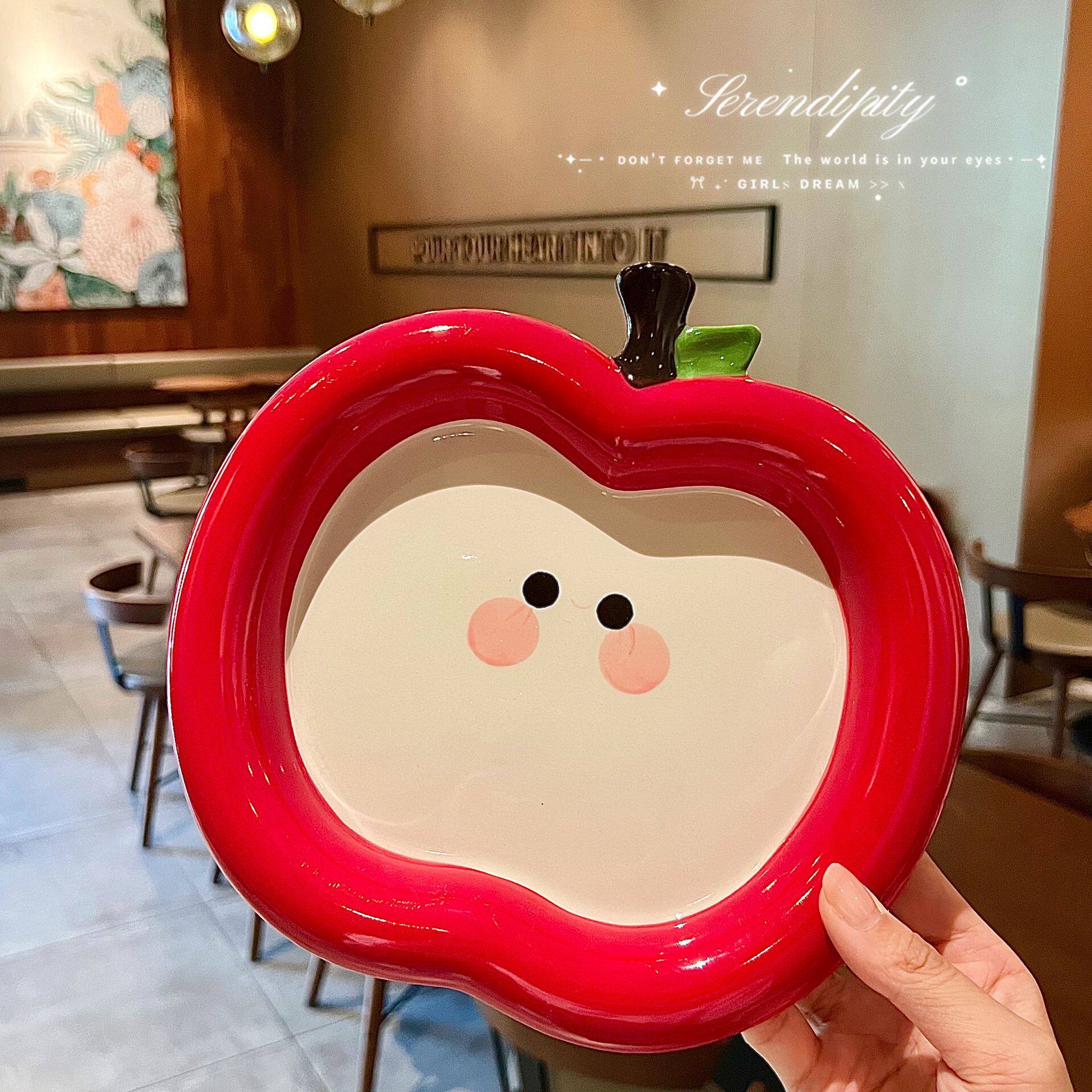 Internet Celebrity Apple Plate Cartoon Ins High-Looking Cute Ceramic Apple Cup Bowl Dish Spoon