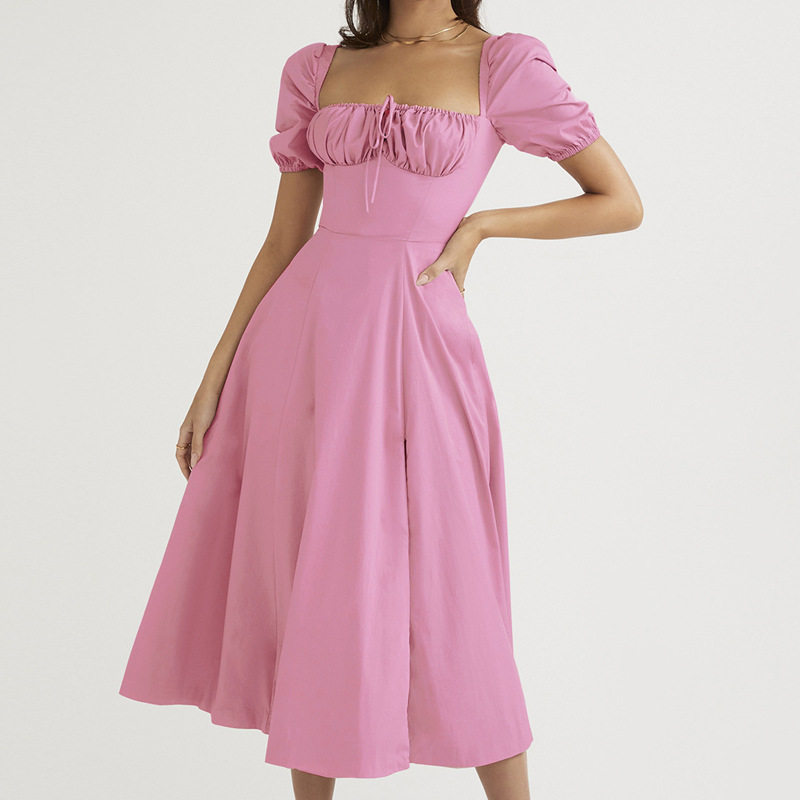 High Waist Solid Color Dress Puff Sleeve Split Hem Vacation Style Spring Collection Wholesale Available