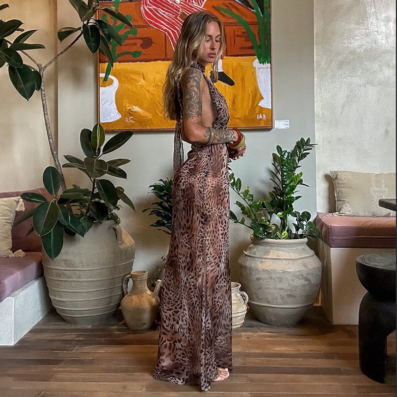 Summer Womens Bodycon Dress Sexy Deep V Neck Halter Backless Leopard Print Perfect for Parties and Night Out
