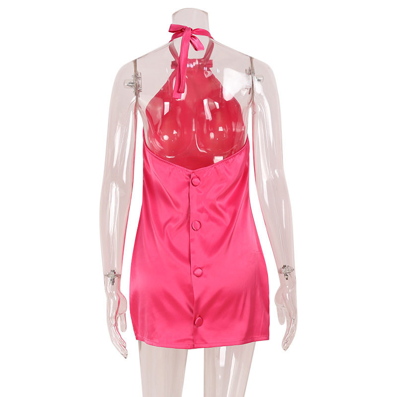 Chic Satin Feel Midi Dress Trendy Halter Neck Versatile Rose Pink Elegant Style Perfect for Parties and Events