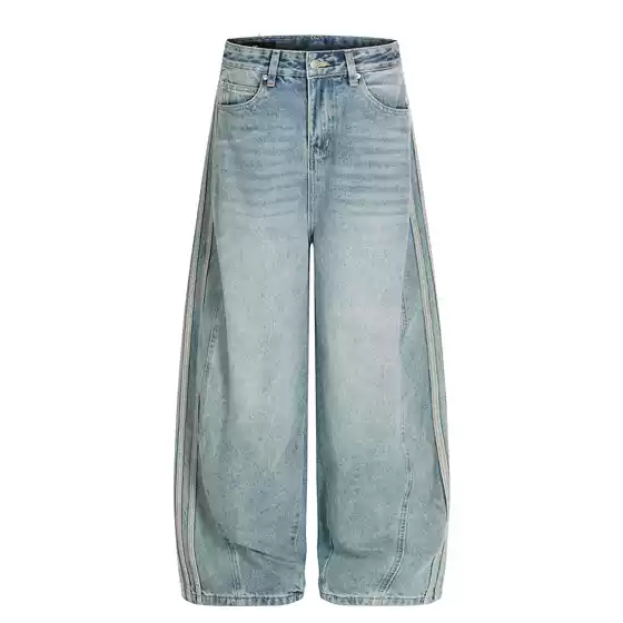 G6893 American High Street Retro High-End Washed Blue Side Stripes Design Men's and Women's Loose Scimitar Jeans