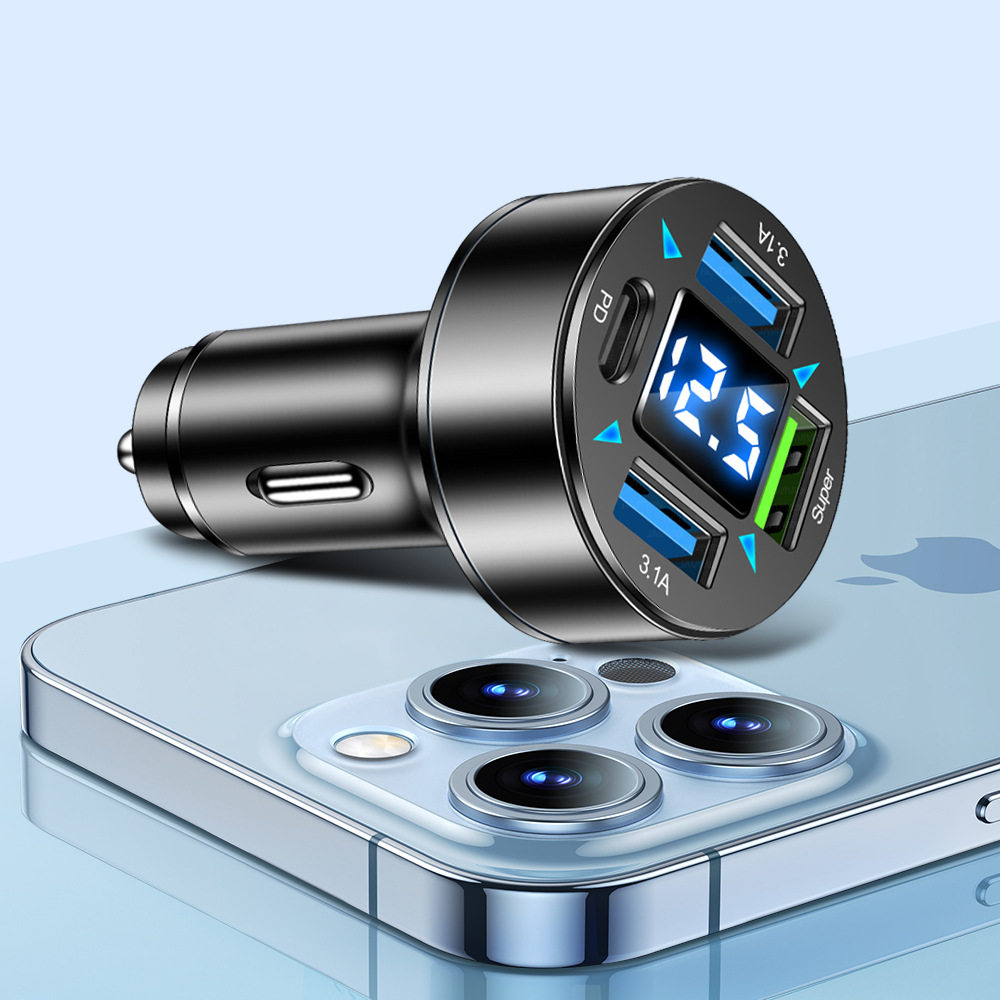 3USB + PD digital display car charger supports super fast charging car charger with one drag four QC3.0 car charger wholesale