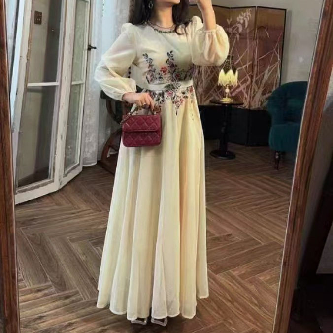 Embroidered Mesh Long Sleeve Dress Beaded Detail Elegant Style Autumn Fashion Wholesale Available
