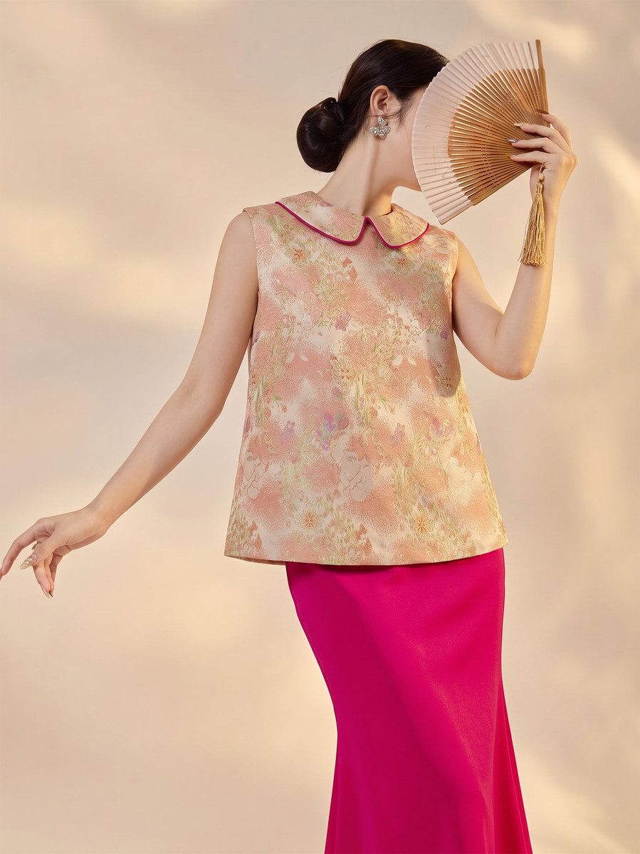 Bộ áo gile dệt hoa kèm chân váy dài nữ phong cách thanh lịch — Chân váy màu hồng cánh sen, Áo gile hồng phấn, Bộ [Áo gile hồng phấn + Chân váy hồng cánh sen]