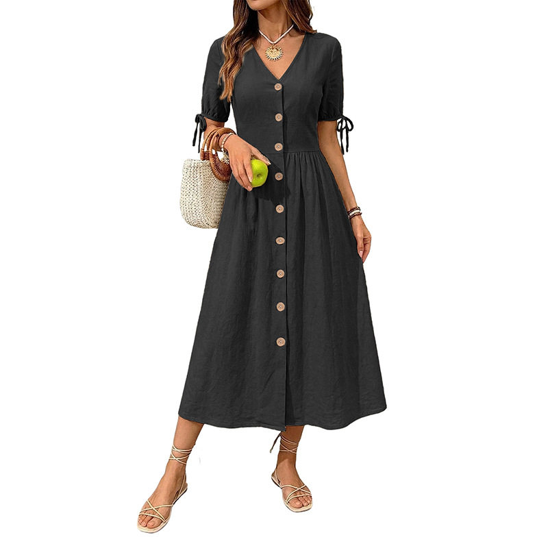 Summer Casual V Neck Short Sleeve Dress Solid Color Beach Vacation Style Wholesale Available OEM ODM service