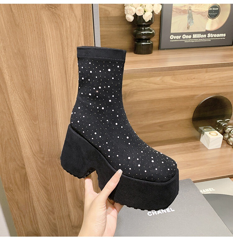 Boot nữ cổ thấp gót siêu cao 11cm đế xuồng đính đá pha lê — Lớp lót đơn màu be, Lớp lót đơn màu đen, Lót nhung đen, Lót nhung màu be