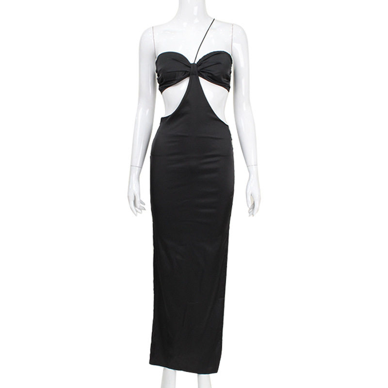 Chic Strapless Halter Neck Dress High Waist Hollow Out Satin Fabric Elegant Evening Gown for Women Wholesale