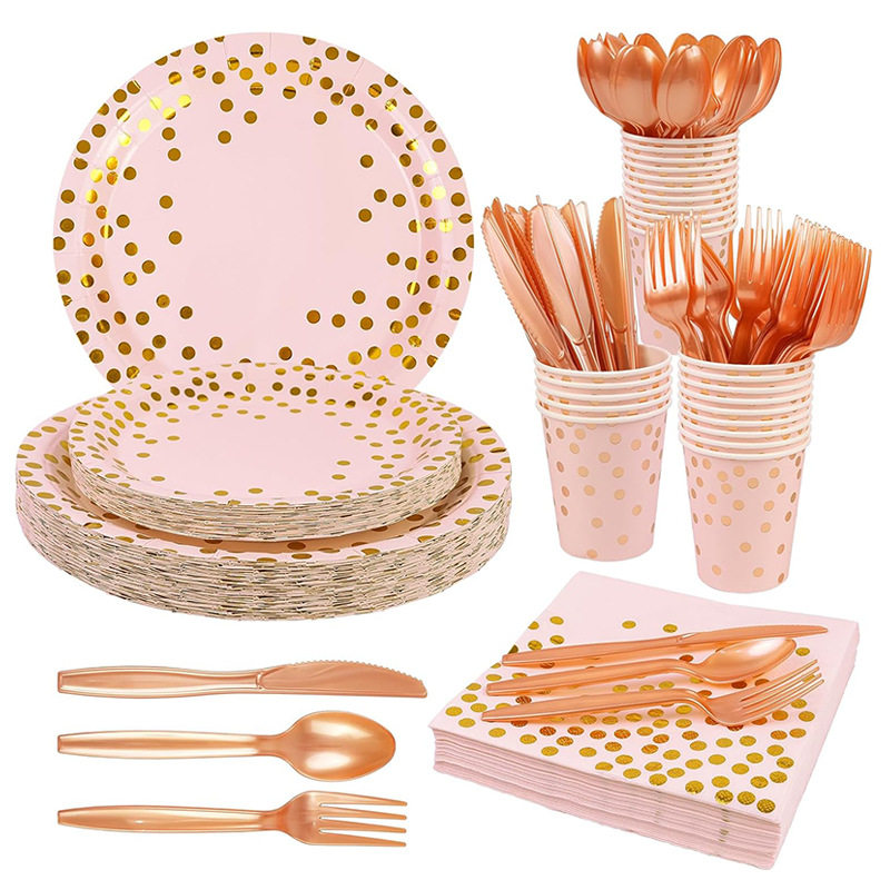 Pink Hot Stamping Polka Dot Paper Plate Paper Cup Set Wholesale Birthday Party Supplies Paper Plate Disposable Cake Plate in Stock