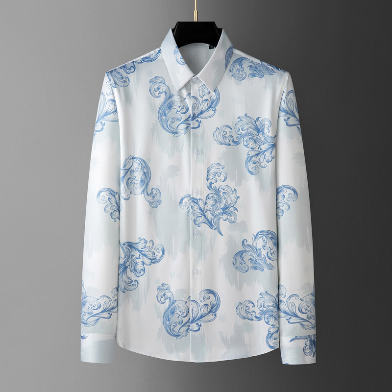 Áo sơ mi nam dài tay họa tiết hoa hồng, vải polyester không cần ủi — Màu ảnh