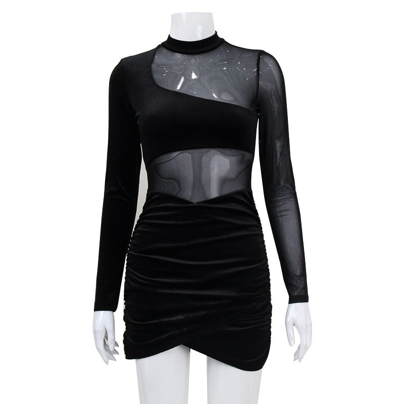 Womens Velvet Bodycon Dress Sheer Mesh Panel Ruched Design Long Sleeve Autumn Fashion for Parties Wholesale