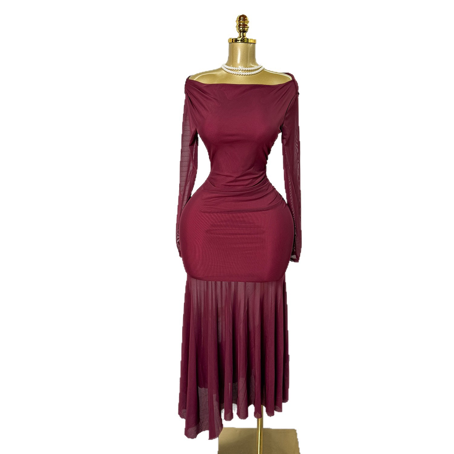 Elegant Burgundy Long Sleeve Dress Slim Fit High Waist A Line Silhouette French Style for Formal Occasions