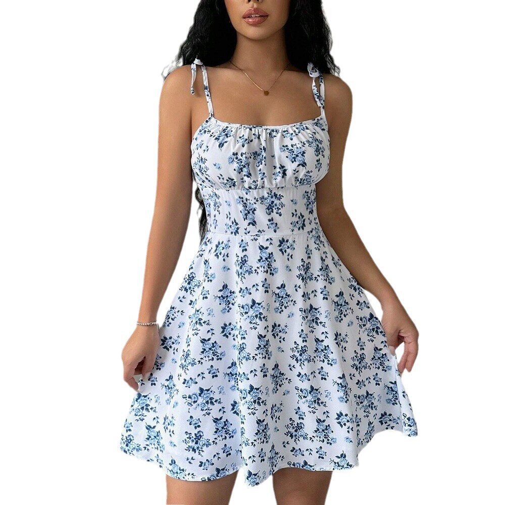 Floral Print Short Dress Summer Style Square Neck Sleeveless Lightweight Fabric Perfect for Casual Outings