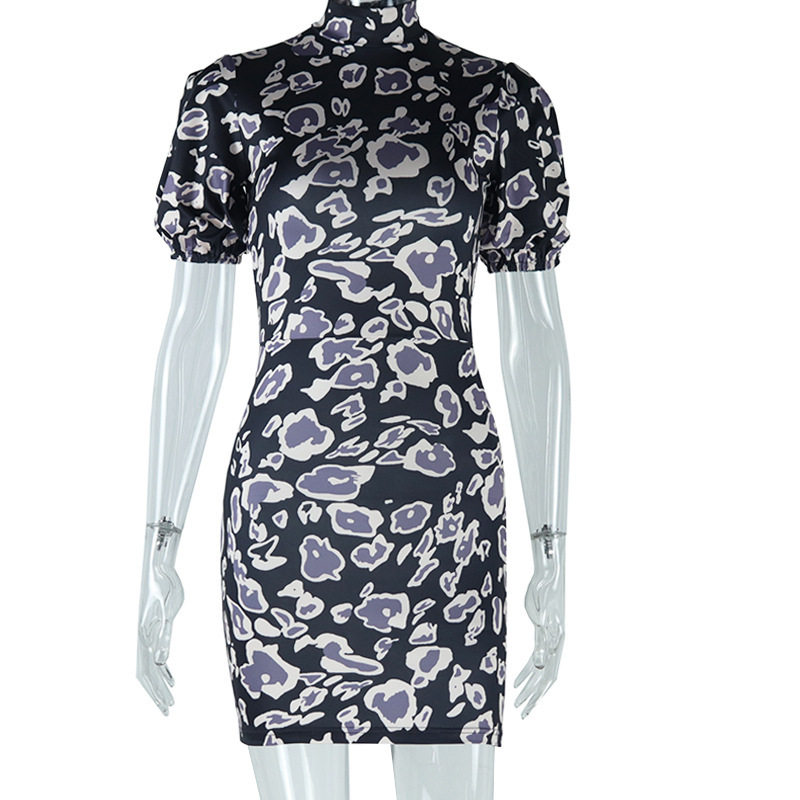Fashionable Lantern Sleeve Mini Dress Stand Collar Printed Shoulder Pads Slim Fit Casual Summer Wear OEM Available