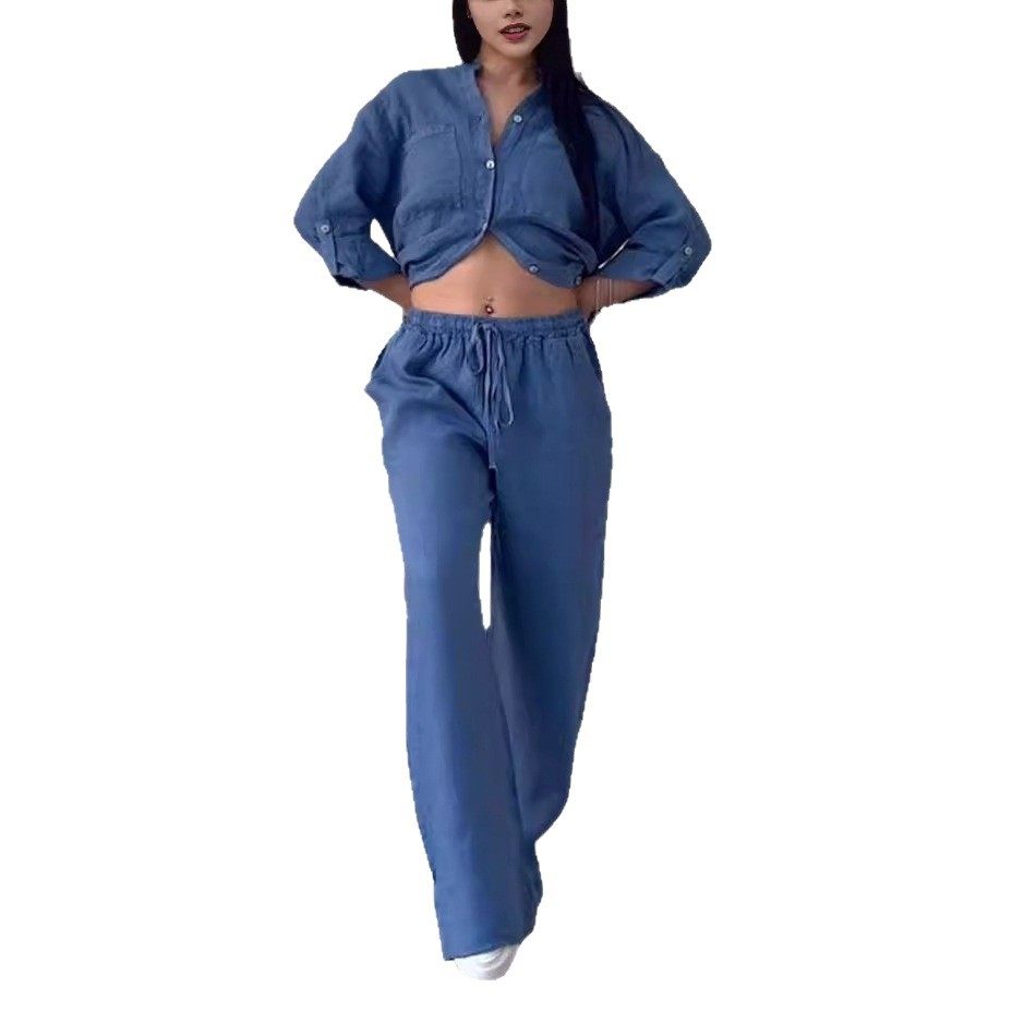 2025 European and American Cross-Border_Independent Station Amazon Casual Cotton and Linen Pure Color Shirt Drawstring Wide-Leg Pants Suit