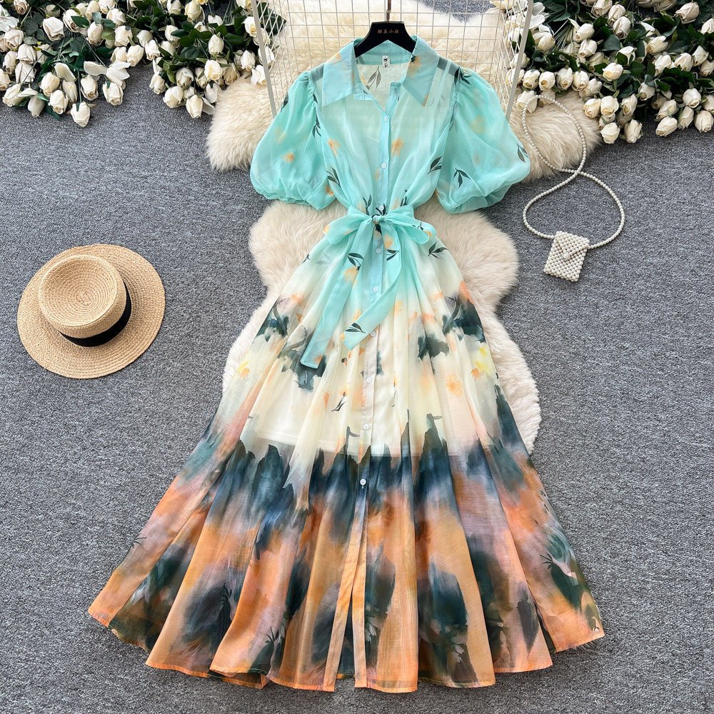 Tie Dye Gradient Print Shirt Dress Summer Style Lantern Sleeves Belted Waist A Line Silhouette Wholesale Available