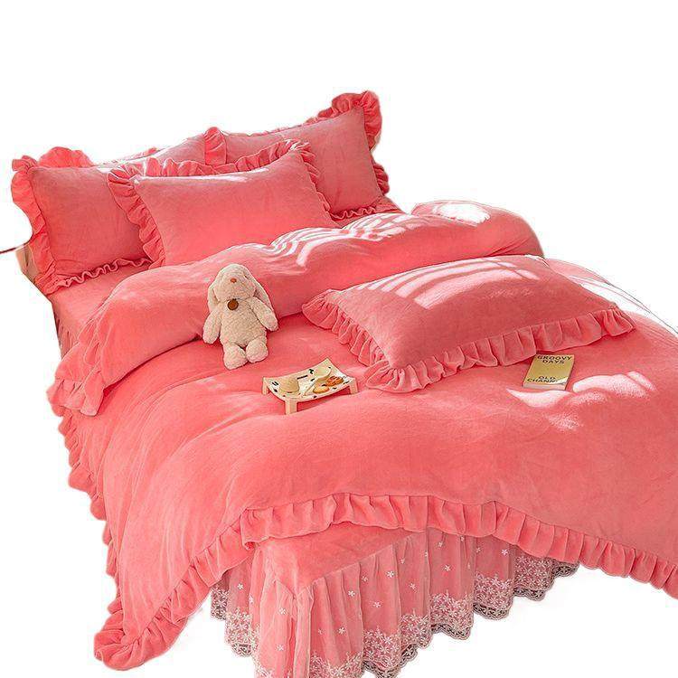 Winter Thickeneded Milk Velvet Four-Piece Lace Princess Bed Skirt Quilt Cover Three-Piece Coral Velvet Warm Ld