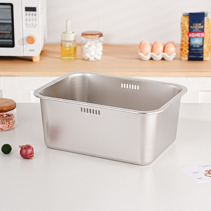 Cross-border Supply Stainless Steel Square Drain Basket Thickened Household Rice Sieve Vegetable Washing Basin Filter Water Kitchen Rice Drain Basin