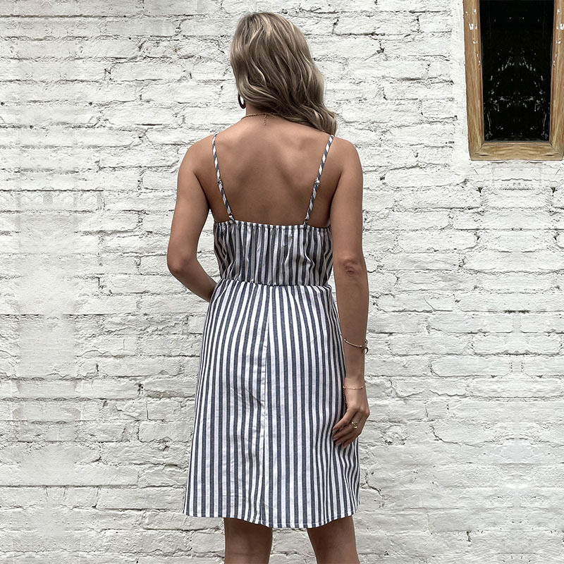 Casual Striped Cotton Linen Dress Summer Waist Defining Simple Style Ideal for Everyday Wear Wholesale Available