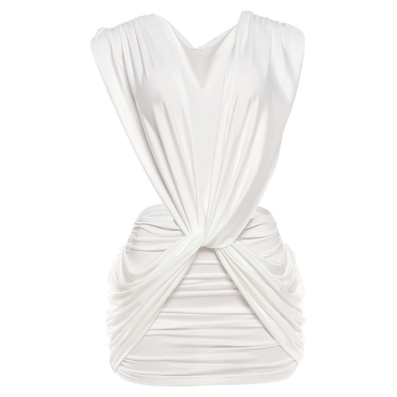 欧美风2026春季新款女装纯色深V领性感修身包臀褶皱无袖连衣裙女