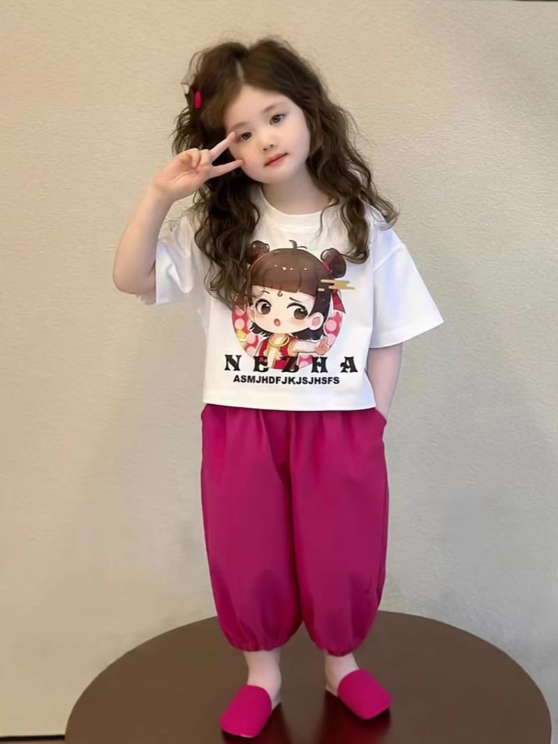 Girls' Toddler & Little Kid Sports Set, New Summer Baby Girl Nezha Print Short-Sleeve Outfit, Thin Two-Piece Set