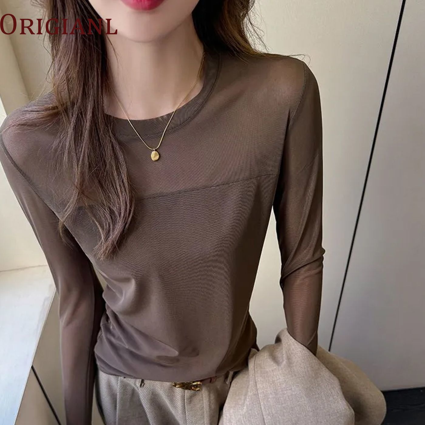 Mesh Long Sleeve T Shirt Slim Fit Round Neck Color Block Design Casual Wear Versatile Top Wholesale Available
