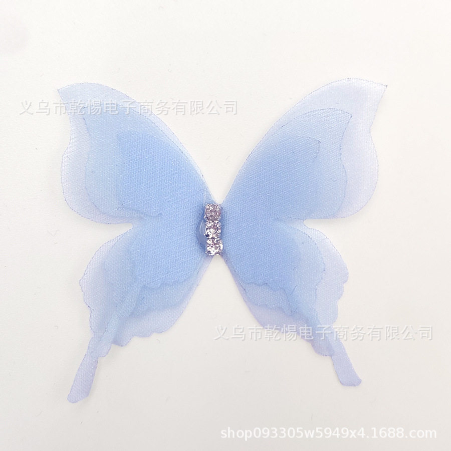三层带钻蝴蝶布艺diy发饰配件服装辅料钻饰diy饰品薄纱三层蝴蝶