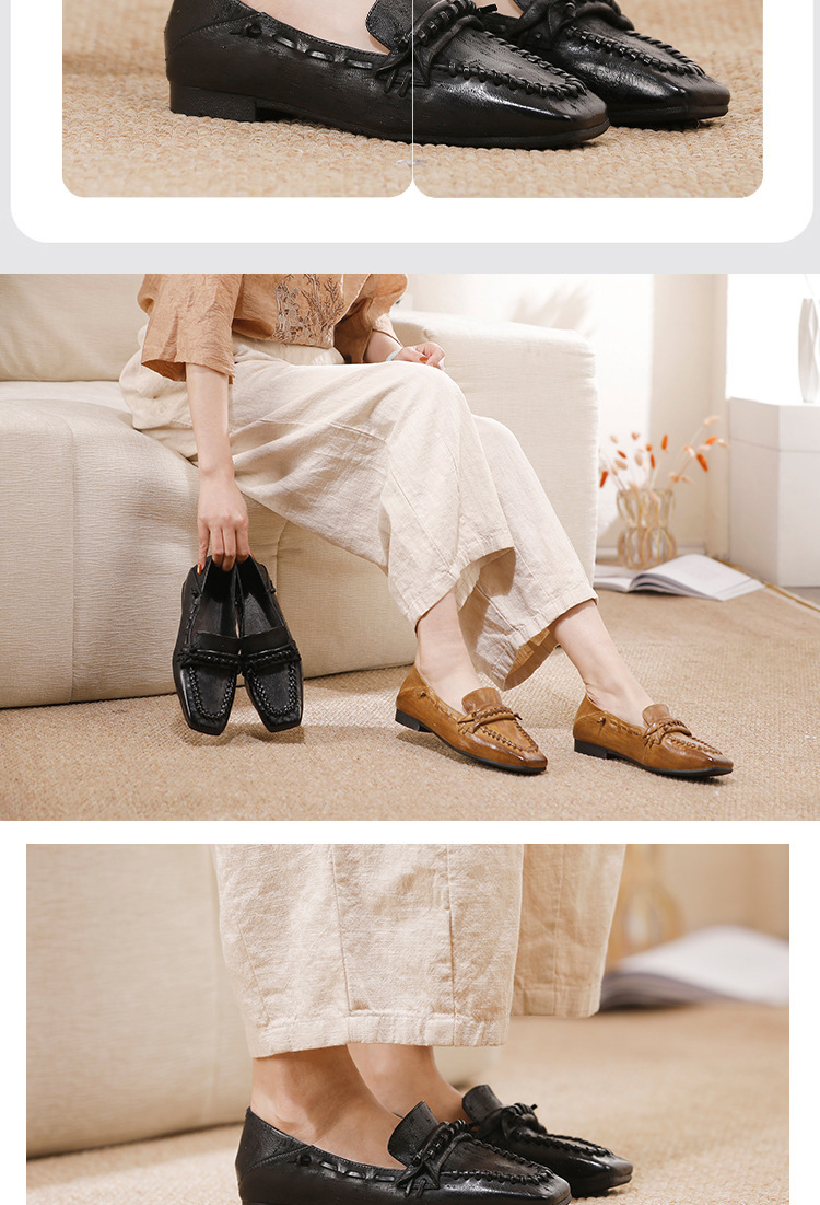 Giày búp bê nữ mũi vuông viền ren cổ trung gót thấp đế mềm — màu đen, Màu kaki