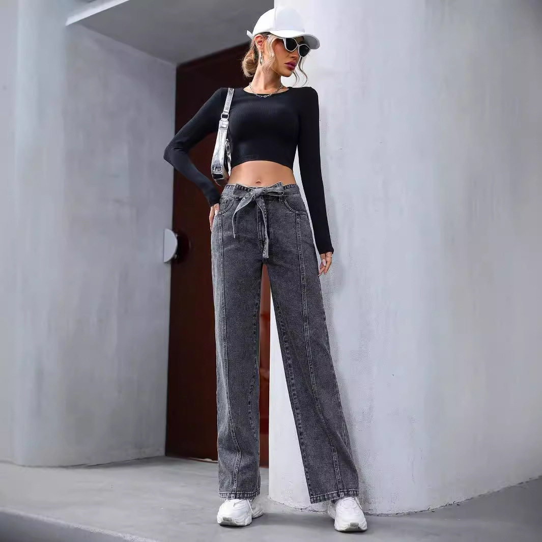 Casual High Waisted Irregular Denim Pants Slim Fit Lace Up Design Trendy Style Perfect for Everyday Wear Wholesale