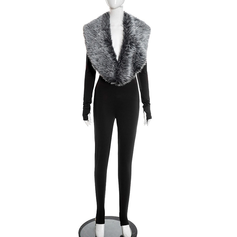 Q25JP303欧美时尚辣妹女装2025秋冬款长袖毛毛踩脚套指紧身连体裤