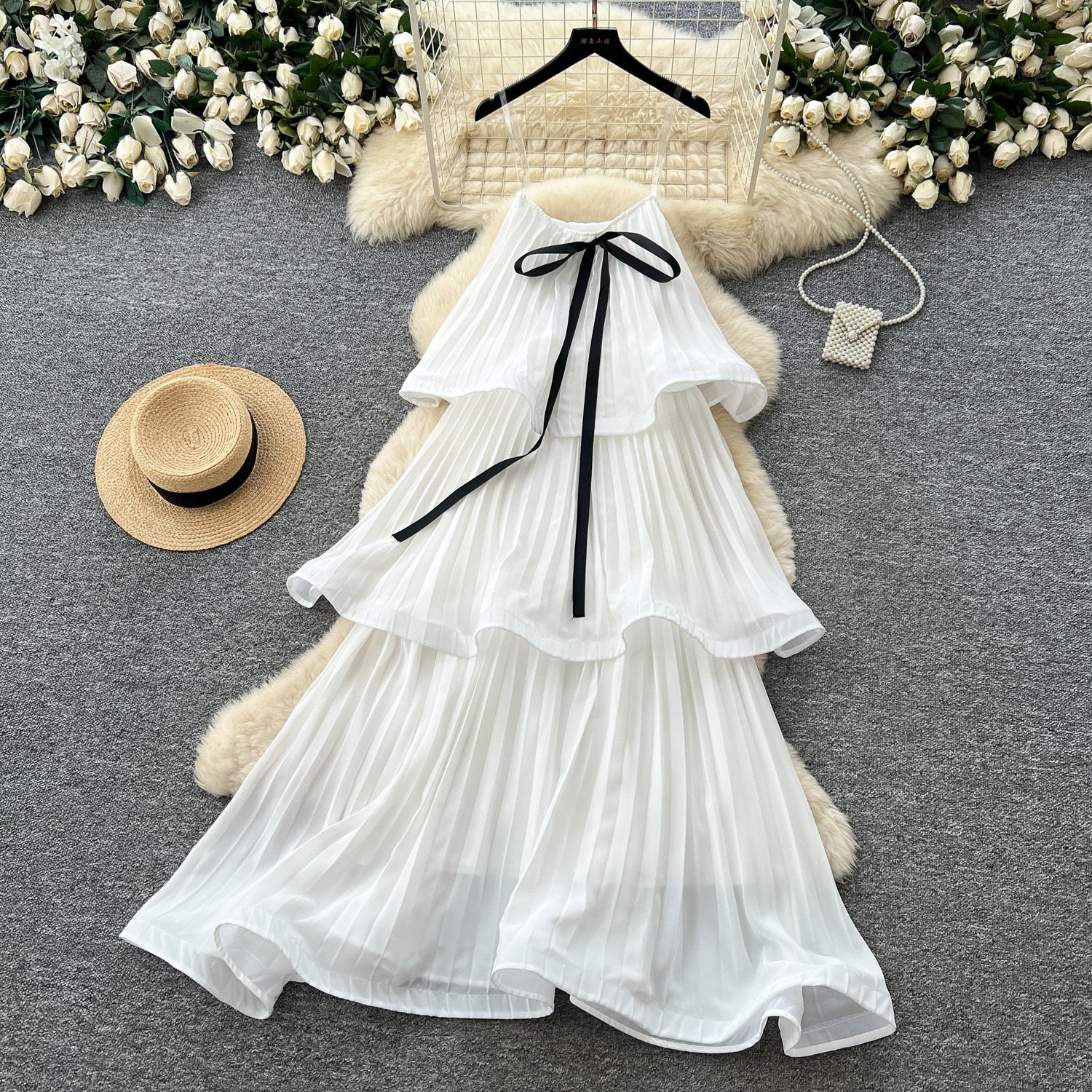 French Style White Sleeveless Dress Bowknot Ruffle Hem Elegant Long Gown Summer Occasion Wholesale Available